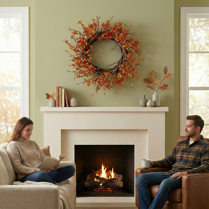 Brown Orange Red Berry & Twig Fall Wreath – 25" Traditional Autumn Door Decoration | Styrofoam Base Artificial Wreath | Trufairs