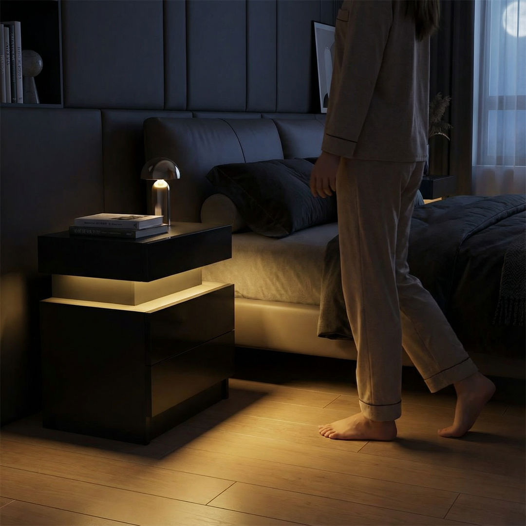Modern Wood Black Nightstand for Bedroom with LED Light & 2 Drawers | Trufairs
