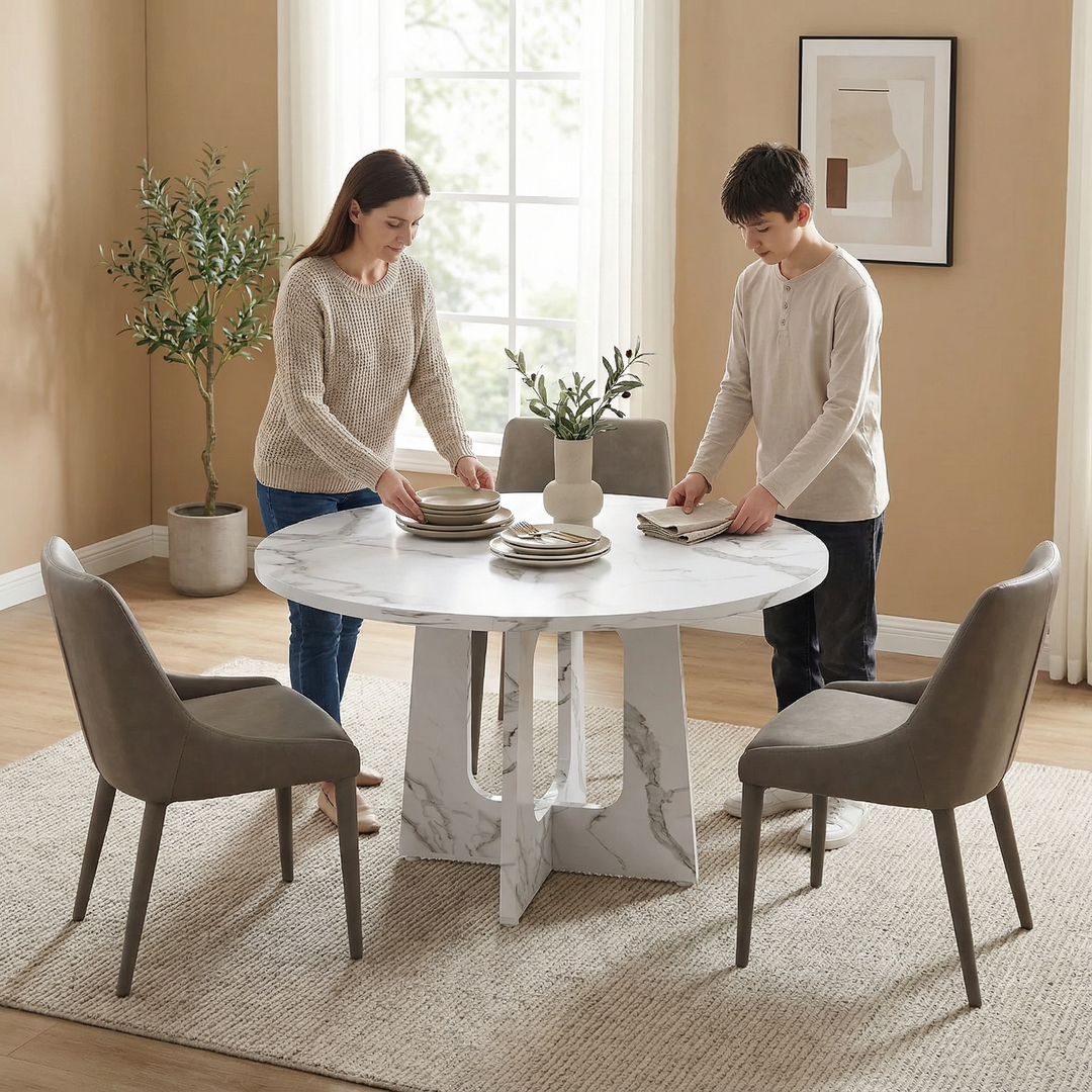 47.24" Round Dining Table for 4 - Farmhouse MDF Table with Marble White Finish, 300lb Capacity, Easy Assembly for Kitchen/Dining Room - Modern Spiced Table
