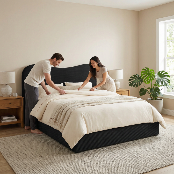 Velvet Luxe King Bed – Modern Black Statement | King Bed Frame | Trufairs