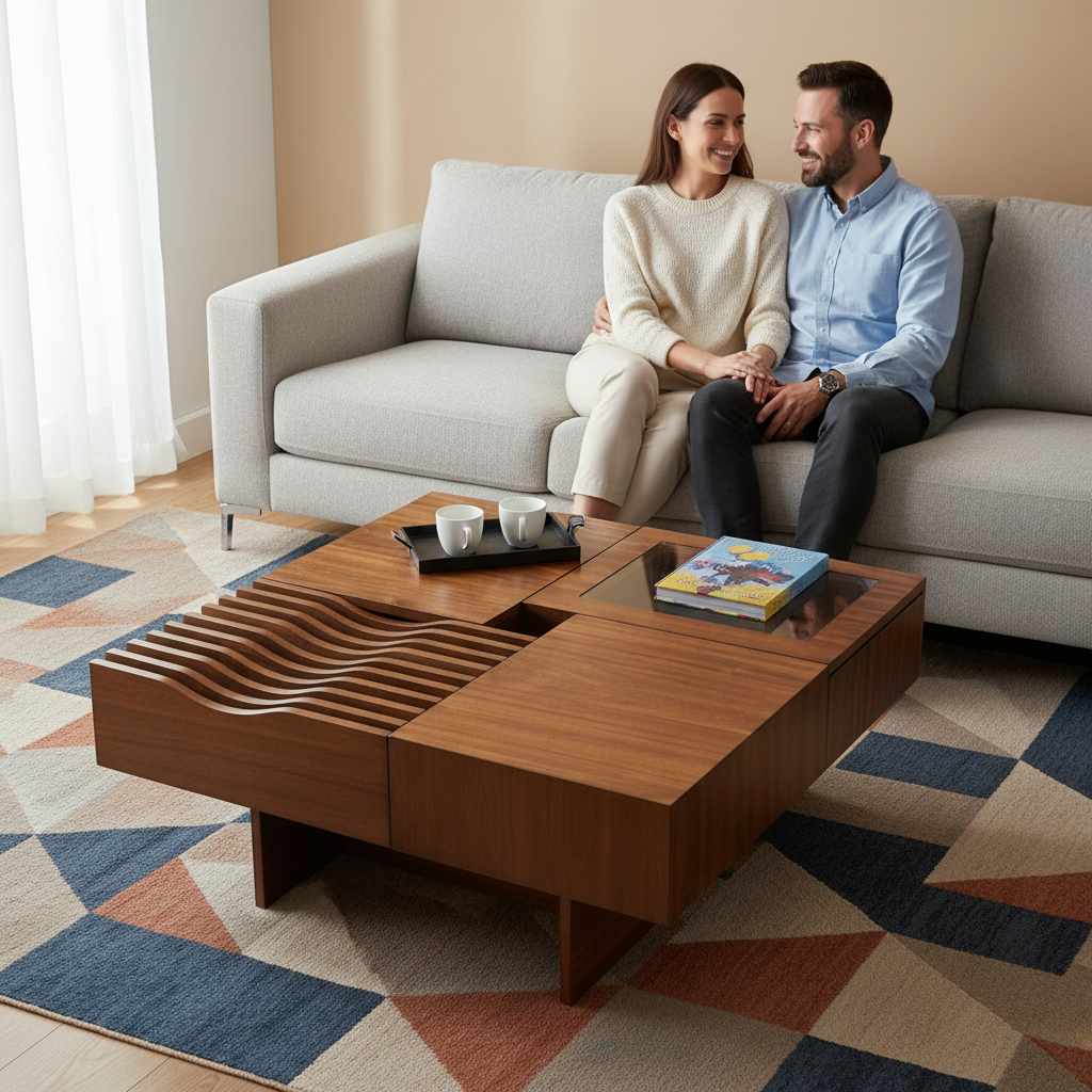 U-Can 33''Mid Century Modern Coffee Table,Unique Square Wooden Coffee Table with 3 Drawers, Tempered glass and Solid Wood Legs for Living Room