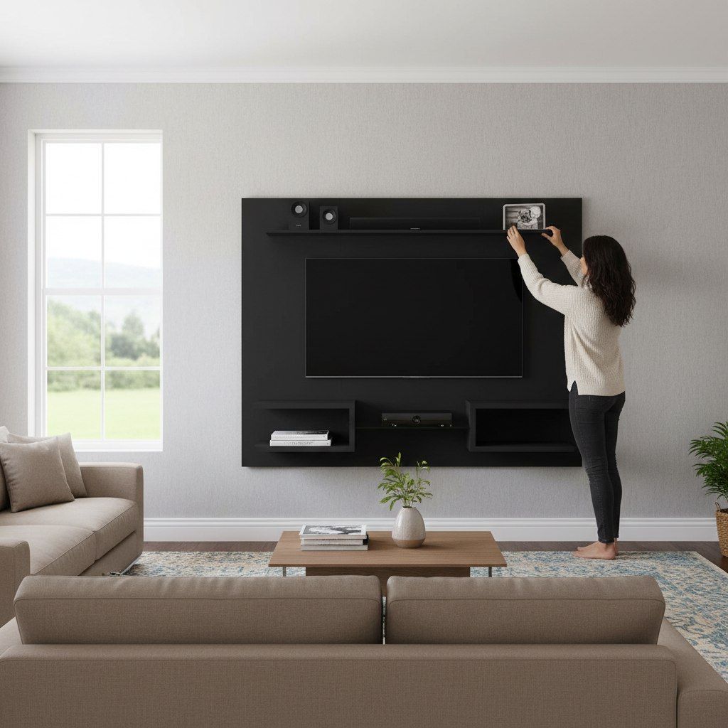 Manhattan Comfort Plaza 64.25 Modern Floating Wall Entertainment Center with Display Shelves in Black