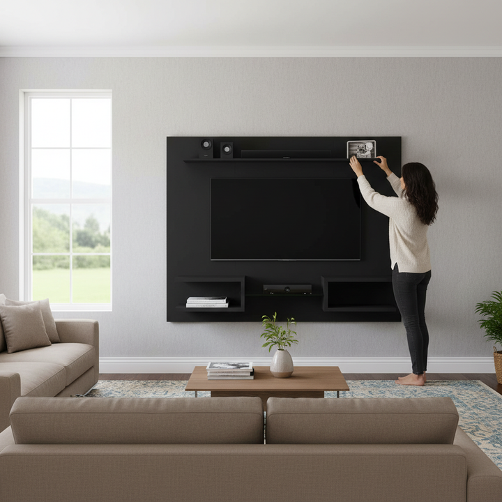 Manhattan Comfort Plaza 64.25 Modern Floating Wall Entertainment Center with Display Shelves in Black