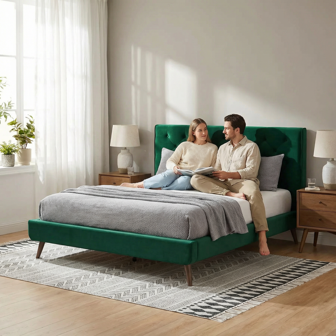 Dillon Dark Green Velvet Platform Bed (Queen Size)