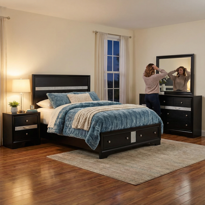 Traditional Matrix Queen 4 PC Storage Bedroom Set in Black made with Wood