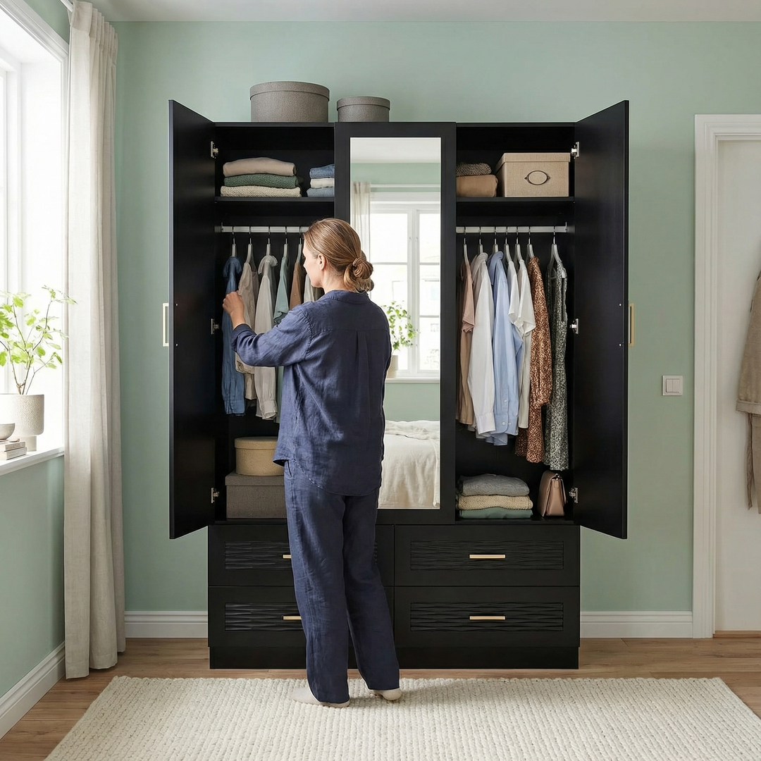 Modern Black Wardrobe – 3 Doors, Hanging Rods & Storage Drawers | Large Capacity Closet Cabinet | Trufairs