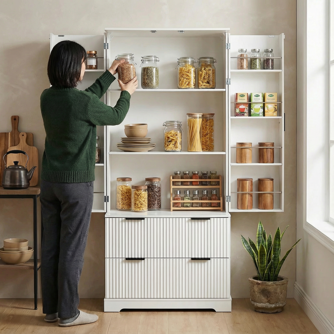 72" Modern Fluted Kitchen Pantry Cabinet with 2 Large Drawers & 8-Door Spice Rack, Freestanding Storage Organizer for Bathroom, Dining Room, Office, Entryway, White