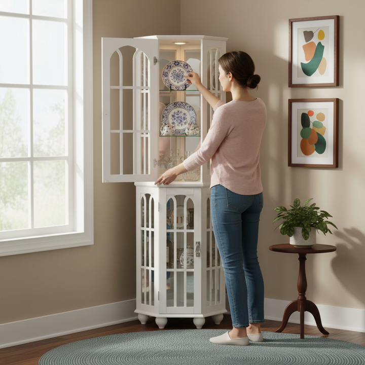 Corner Curio Cabinet with 4 Adjustable Tempered Glass Shelves and Lighting System, Solid Wood Legs,Acrylic Mirrored Back Panel(E26 light bulb not included)