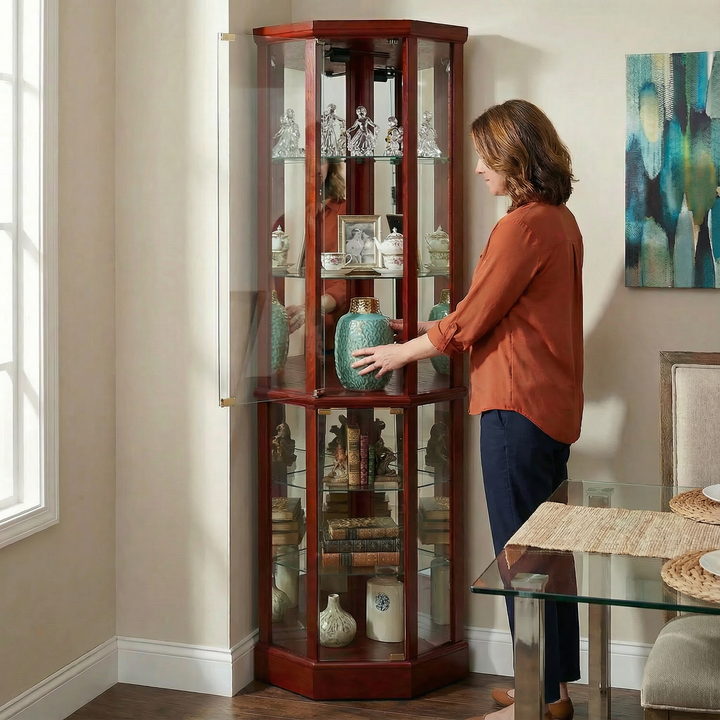 6 Shelf Lighted Corner Curio Cabinet with Adjustable Tempered Glass Shelves and Mirror Back, Cherry(E26 light bulb not included)