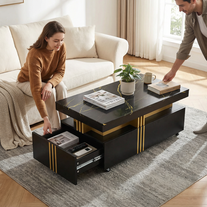 [VIDEO provided] ON-TREND Contemporary Coffee Table with Faux Marble Top, Rectangle Cocktail Table with Caster Wheels, Moderate Luxury Center Table with Gold Metal Bars for Living Room, Black