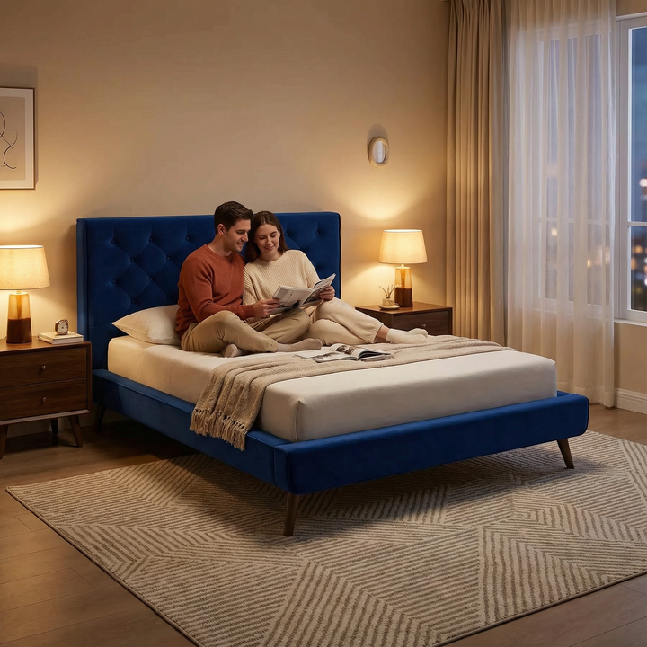 Dillon Blue Velvet Platform Bed (Queen Size)