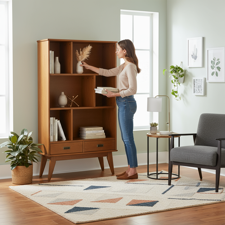 Draper - Mid Century Wide Bookcase and Storage Unit - Teak Brown