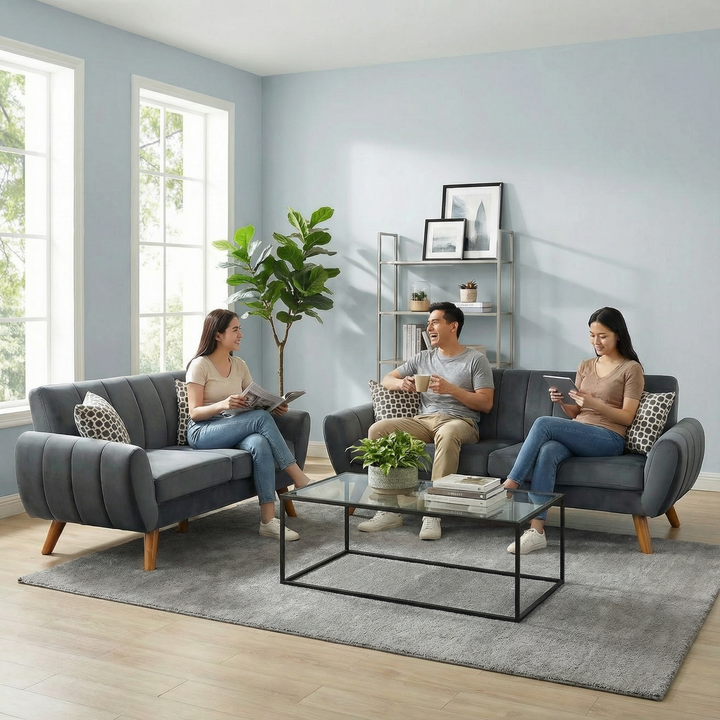 Dark Gray Velvet 2-Piece Sofa & Loveseat Set with Plush Cushions | Trufairs