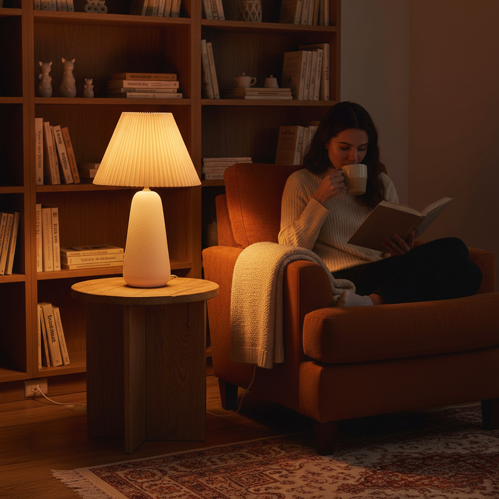 Textured Ceramic Table Lamp with Fluted Fabric Shade