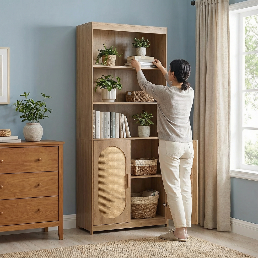 5-Tier Farmhouse Rattan Bookcase with Doors – Tall Storage Cabinet | Boho Home Organization | Trufairs