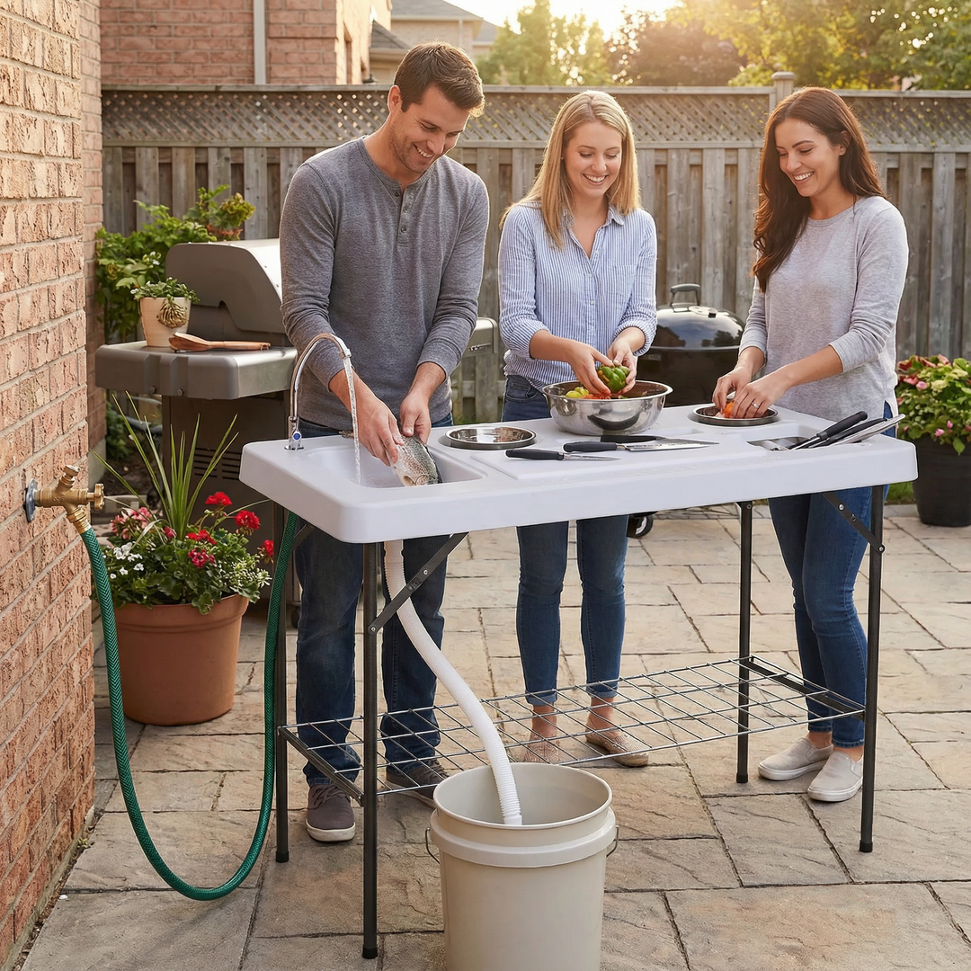 Outsunny 50" Folding Camping Table with Sink & Faucet – Portable Outdoor Table for Fish Cleaning & Prep | Trufairs