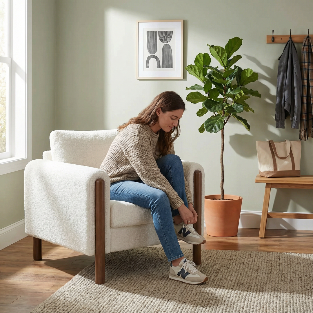 Oversized Accent Chair, Upholstered Living Room Chairs Single Sofa Chair with Walnut Legs, Curved handrail, White