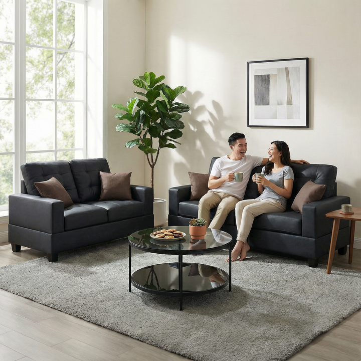 Black Tufted Faux Leather 2-Piece Sofa & Loveseat Set with Pillows | Trufairs