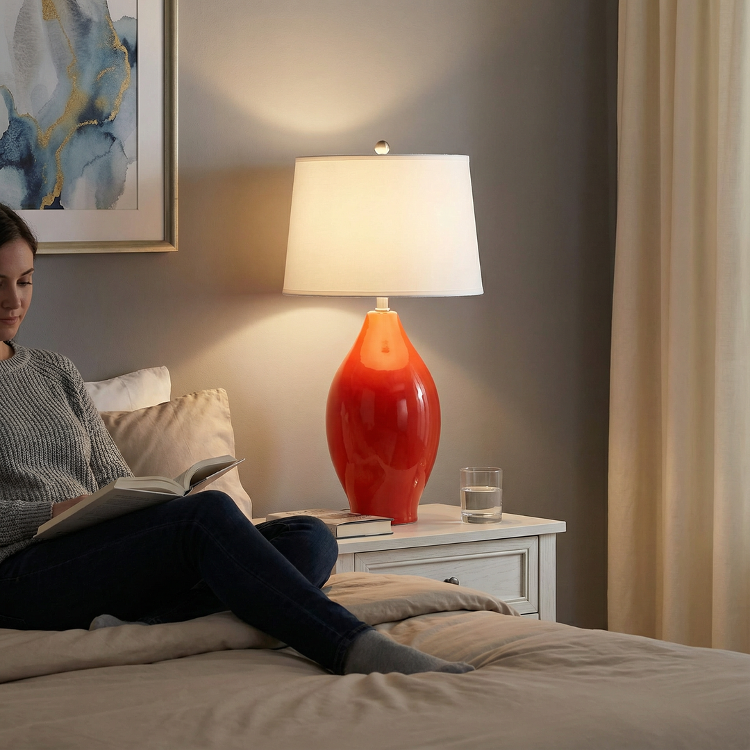 28"H RED LEMON SHAPE CERAMIC TABLE LAMP