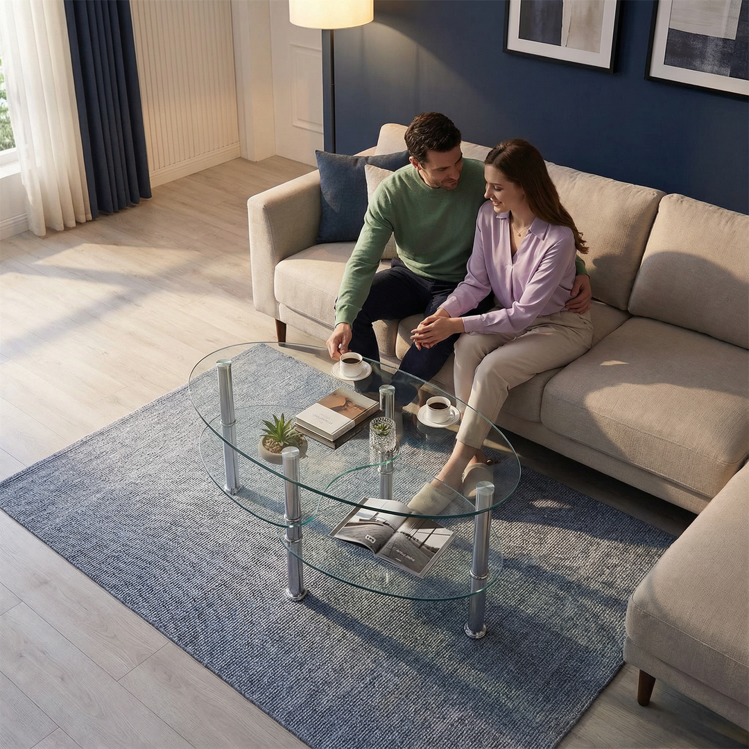 Tempered Glass Oval Side Coffee Table for Living Room & Lounge | Trufairs