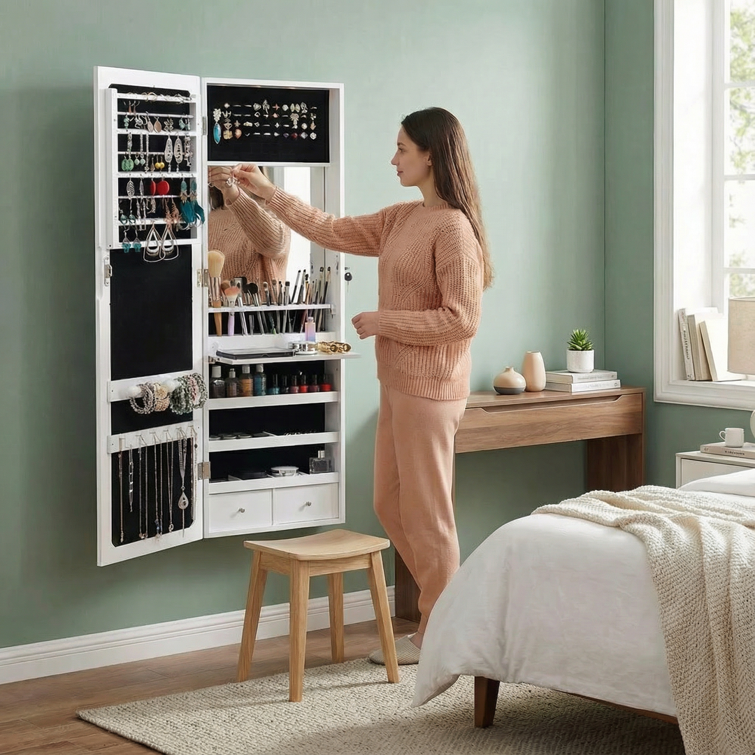 Wall-Mounted LED Jewelry Storage Cabinet – 3 Shelves, Drawers & Brush Holders | Lighted Makeup Organizer | Trufairs