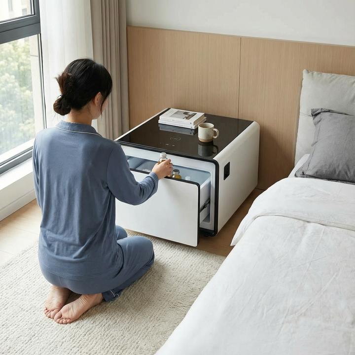 Smart Side Table with Built-in Fridge, Wireless Charging, Power Socket & Human Sensor Light | Trufairs