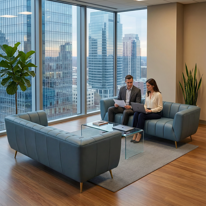 LaMattina Genuine Italian Blue Leather Channel Tufted Sofa