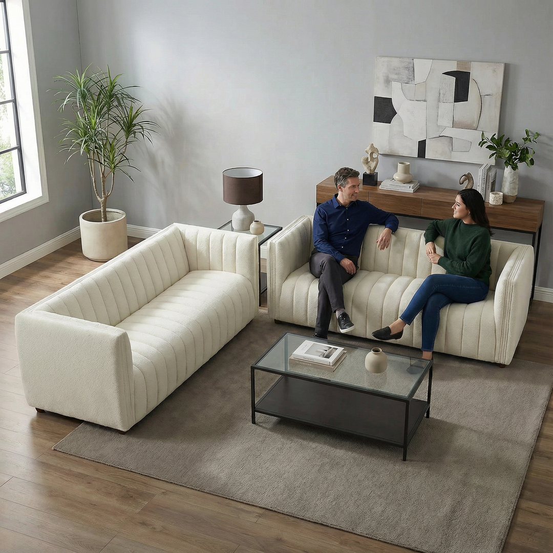 April Mid Century Modern Luxury Tight Back Beige Boucle Couch