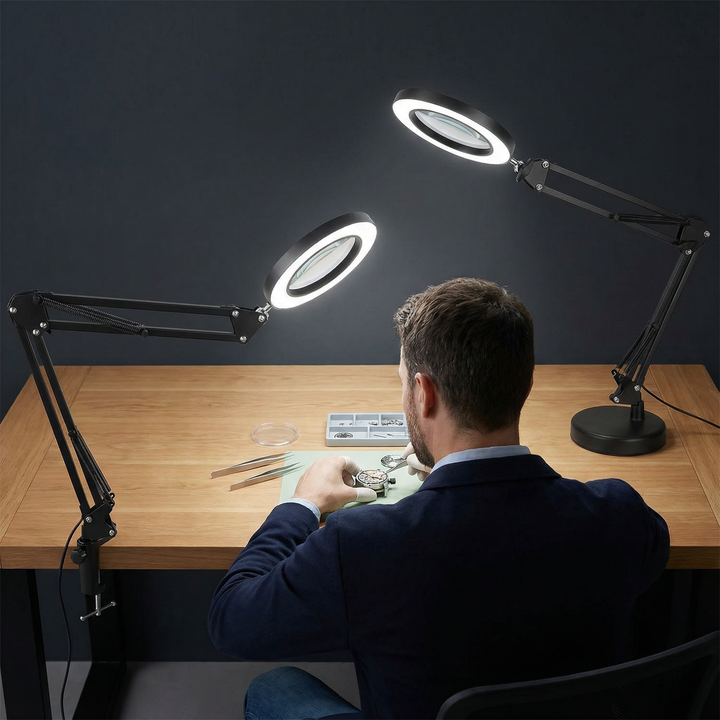 2-in-1 LED Magnifier Desk Lamp 8x with Light, Clamp Stand, Swing Arm, USB Reading Lamp. 10 Brightness, 3 Modes