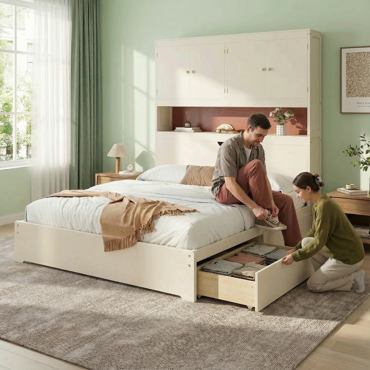 Full Size Wooden Platform Bed with USB Storage Headboard & Drawers — Cream | Trufairs