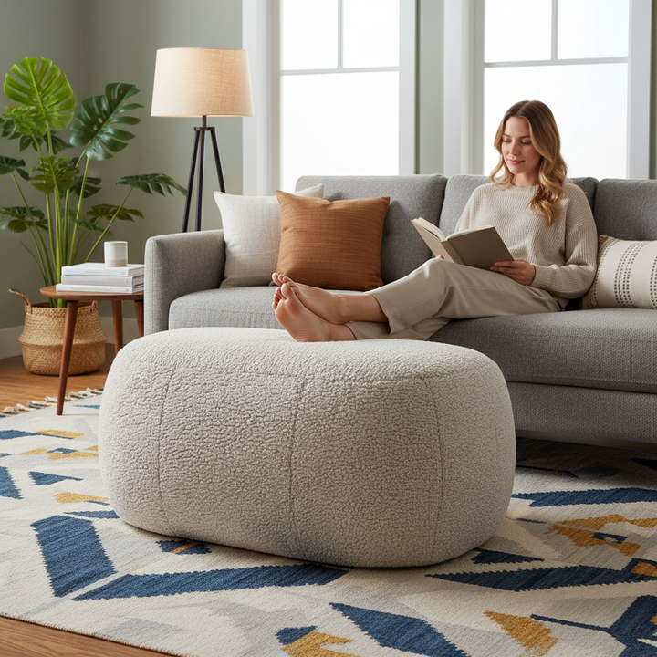 Jaxx Ellis Ottoman Shearling Faux-Lamb Plush Pouf for Modern Interior Design, Oval, Smoke