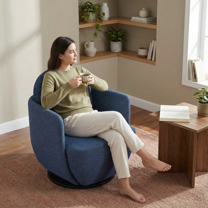 Bant Swivel Chair Blue – Modern Textured Fabric & Swivel Comfort | Contemporary Accent Chair | Trufairs
