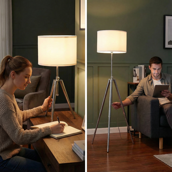 34.25" - 29.25" In Mid-Century Adjustable Tripod Chrome/Silver Metal Table Lamp