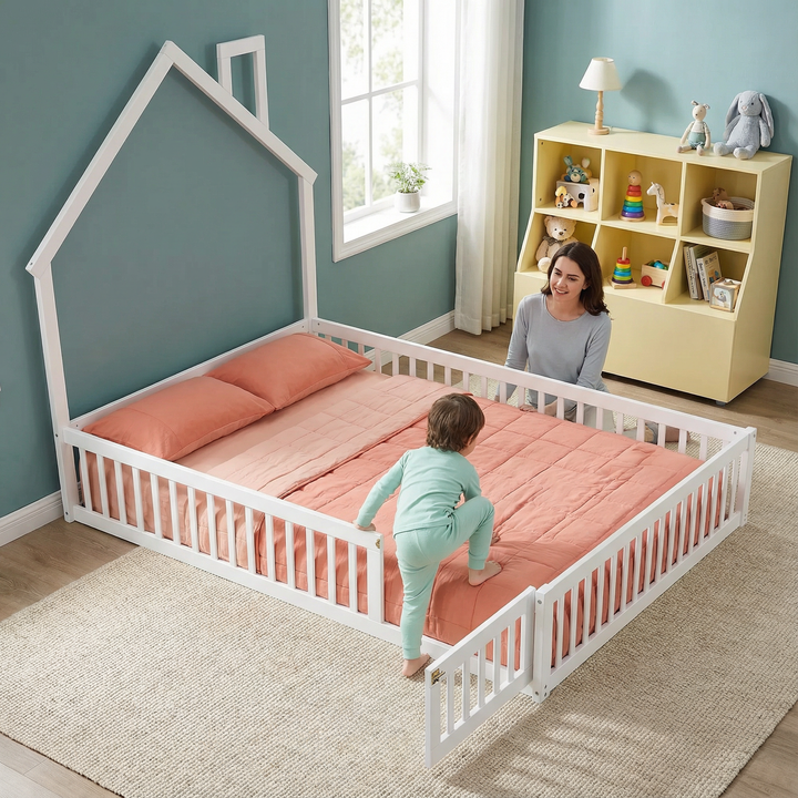 Wood Full Size House Platform Bed with Guardrail in White | Trufairs