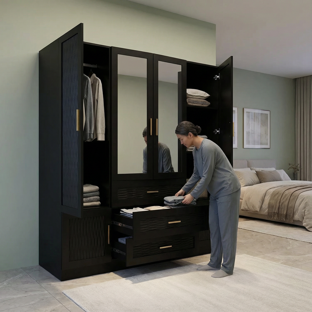 Modern Black Wardrobe – 3 Doors, Hanging Rods & Storage Drawers | Large Capacity Closet Cabinet | Trufairs