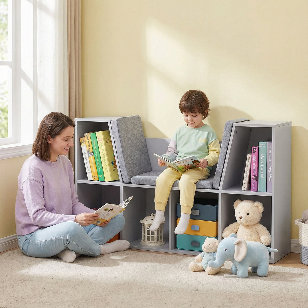 Kids’ Reading Nook Cube Organizer – 6-Cube Storage with Seat | Playroom Bookcase | Trufairs
