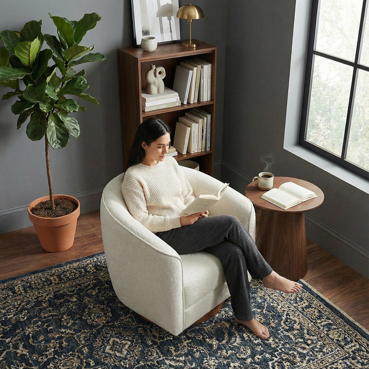 Elise Mid Century Modern Beige Boucle Swivel Chair