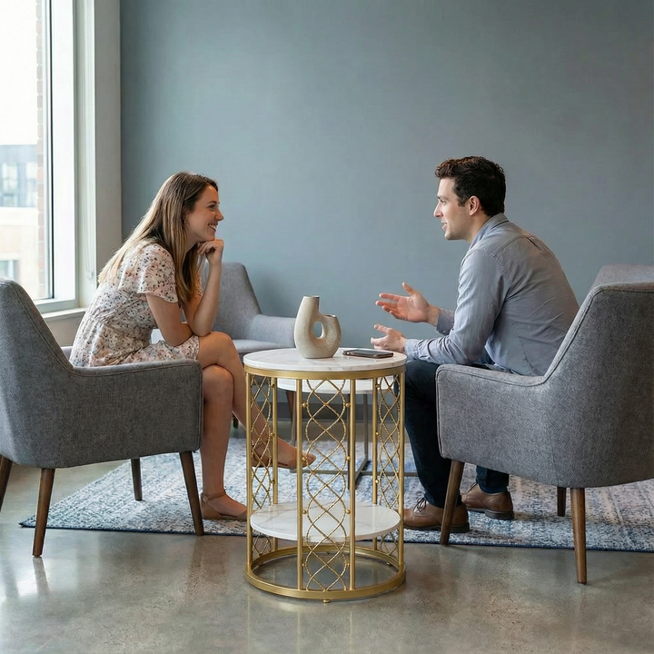 Modern White Round End Table with Storage Marble Side Table Metal in Gold | Trufairs