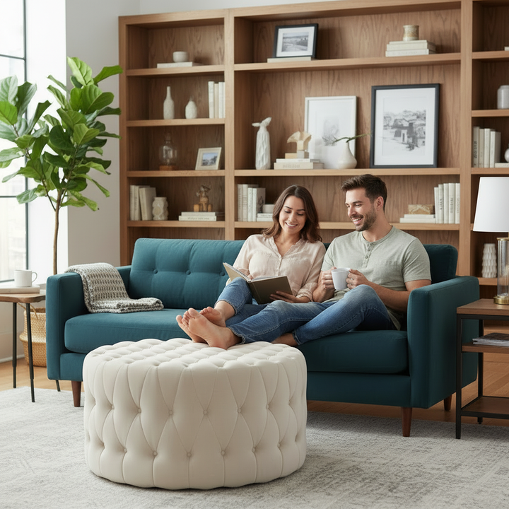 HOMCOM Round Ottoman Velvet-Feel Upholstered Foot Stool, Button Tufted Design and Padded Seat for Living Room, Entryway, Beige