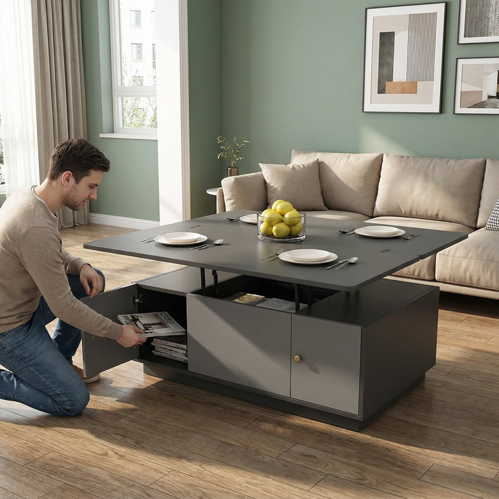 Modern Gray Multi-Functional Rectangle Lift-Top Coffee Table with Storage & Extendable Design | Trufairs