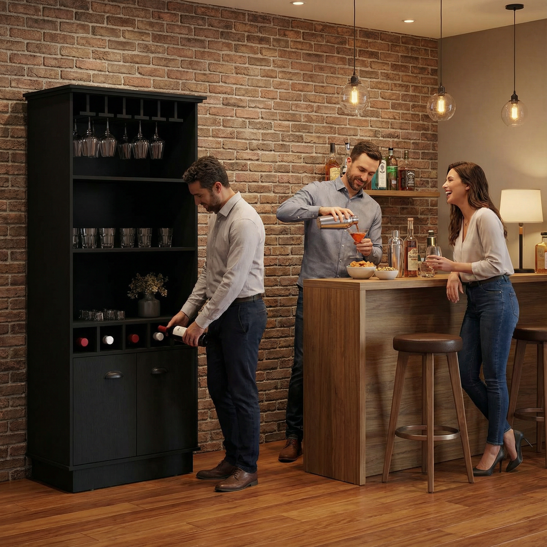 FM FURNITURE Sophia Bar Cabinet with Glassware Rack & Five Bottle Racks | Trufairs