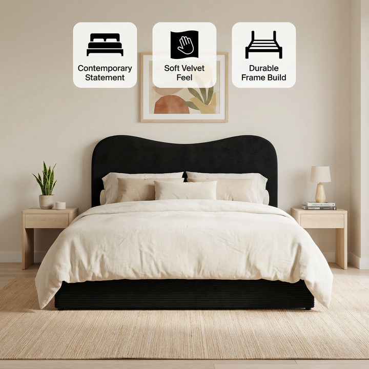 Velvet Luxe King Bed – Modern Black Statement | King Bed Frame | Trufairs