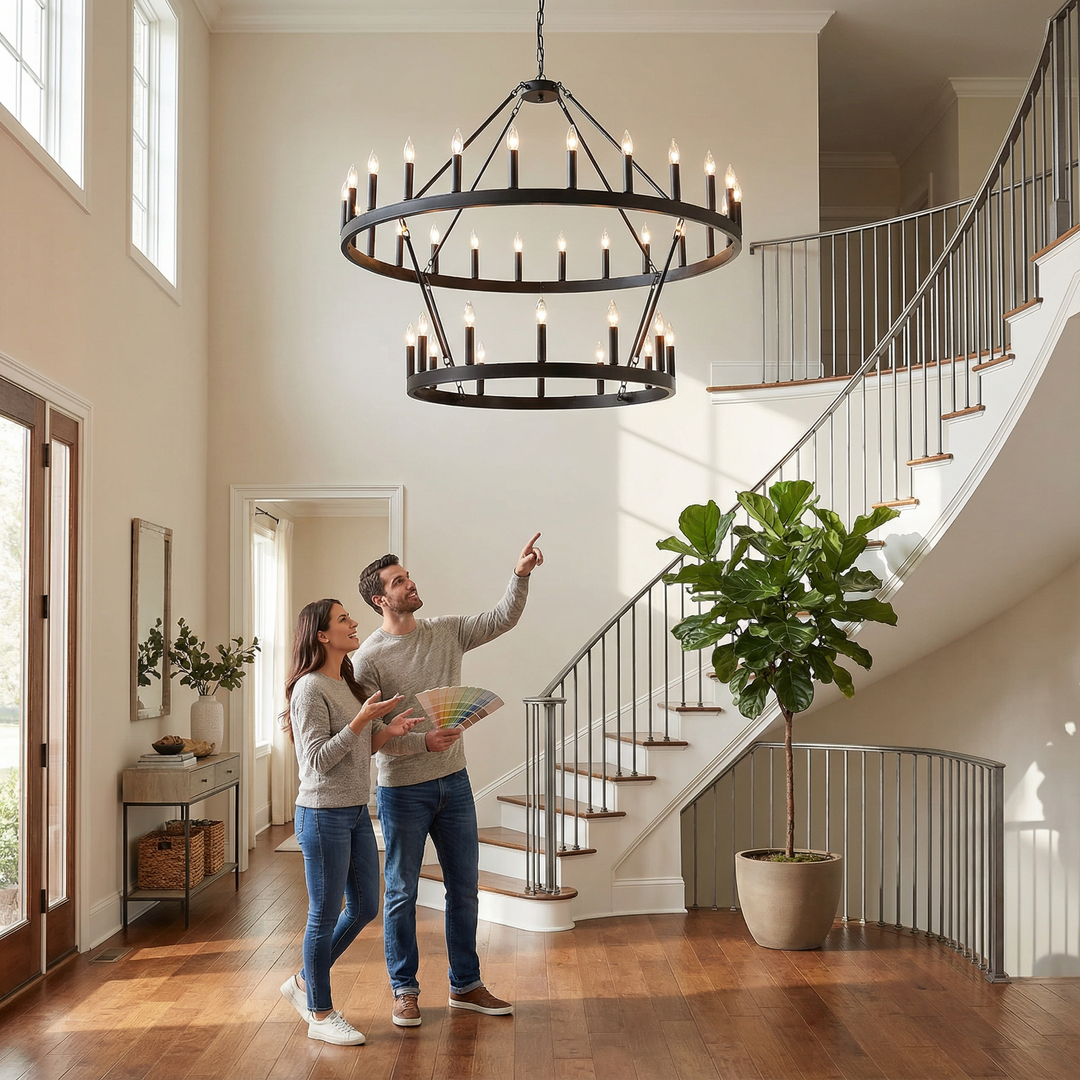 2 Tiers Wagon Wheel Chandelier Wooden Farmhouse 36-Light(24+12) or (12+24 ), Black Metal Chandeliers 2-Story Light Fixtures Industrial for High Ceiling Living Dining Room Foyer. Adjustable Height