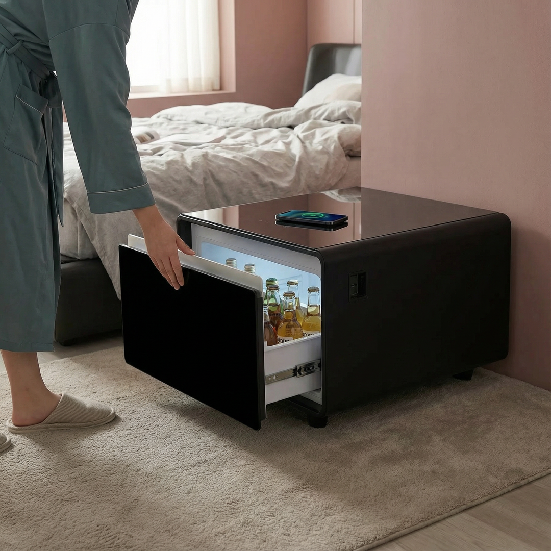Smart Side Table with Built-in Fridge, Wireless Charging, Power Socket & Human Sensor Light | Trufairs