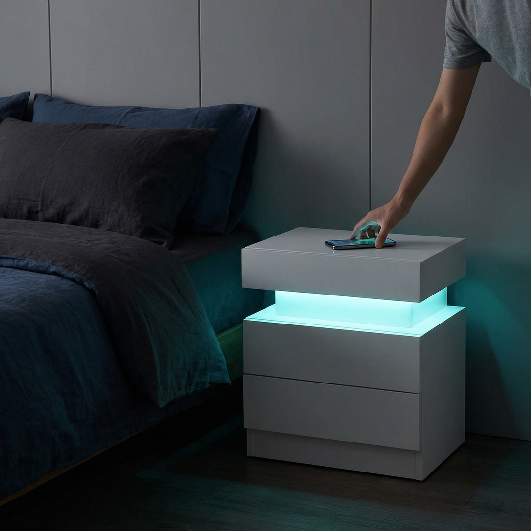 Modern White Nightstand with LED Light, 2 Drawers & Flipping Top Storage | Trufairs