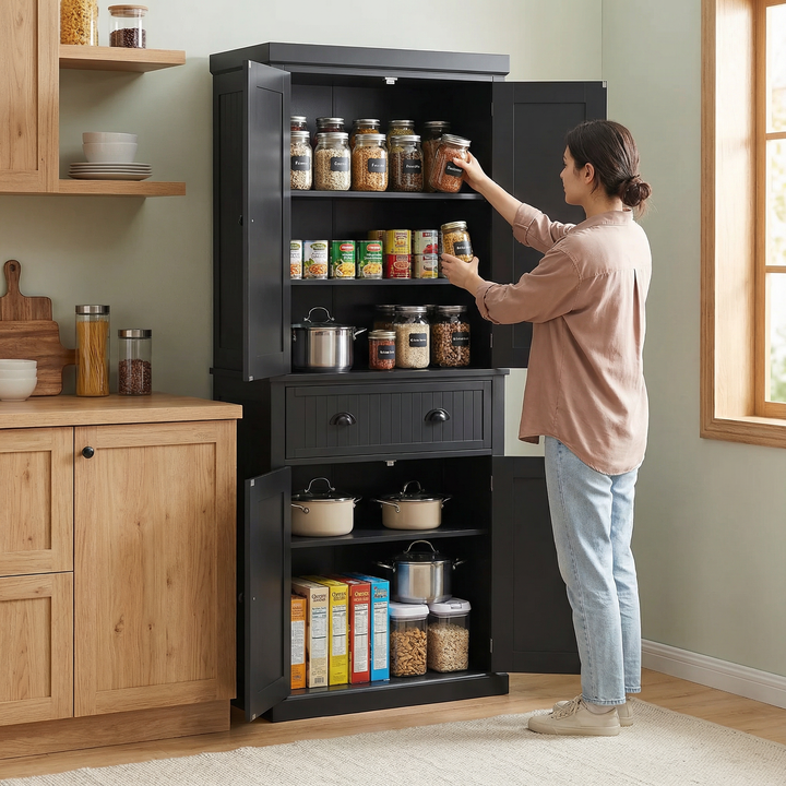 Freestanding 72″ Kitchen Pantry Storage Cabinet with 4 Doors & Adjustable Shelves – Black Tall Cupboard Organizer | Trufairs