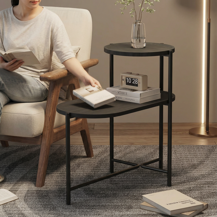 Round Coffee Table with Storage Tray 2-Tier Wooden Small Side Table for Living Room (Black) | Trufairs