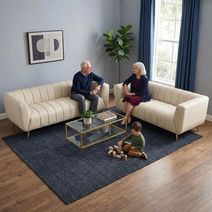 LaMattina Genuine Italian Beige Leather Channel Tufted Sofa