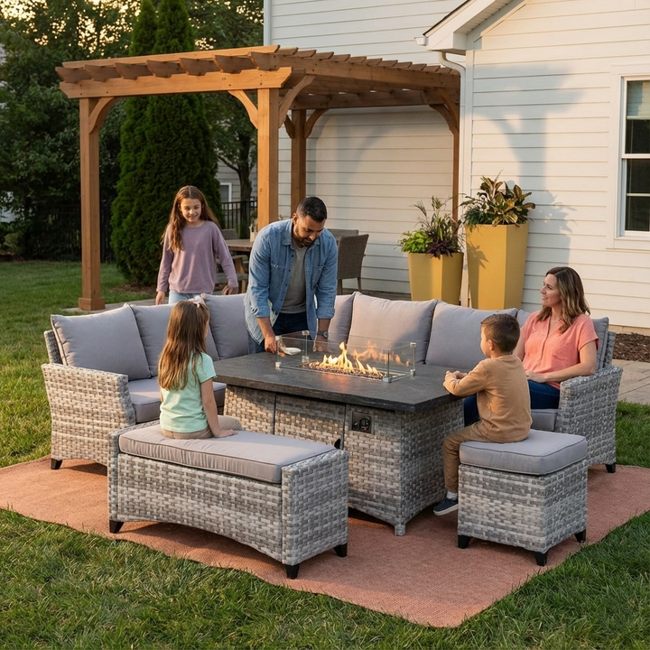 Modern Outdoor Wicker Sofa Set – Fire Pit Table & Ottoman | Patio Conversation | Trufairs