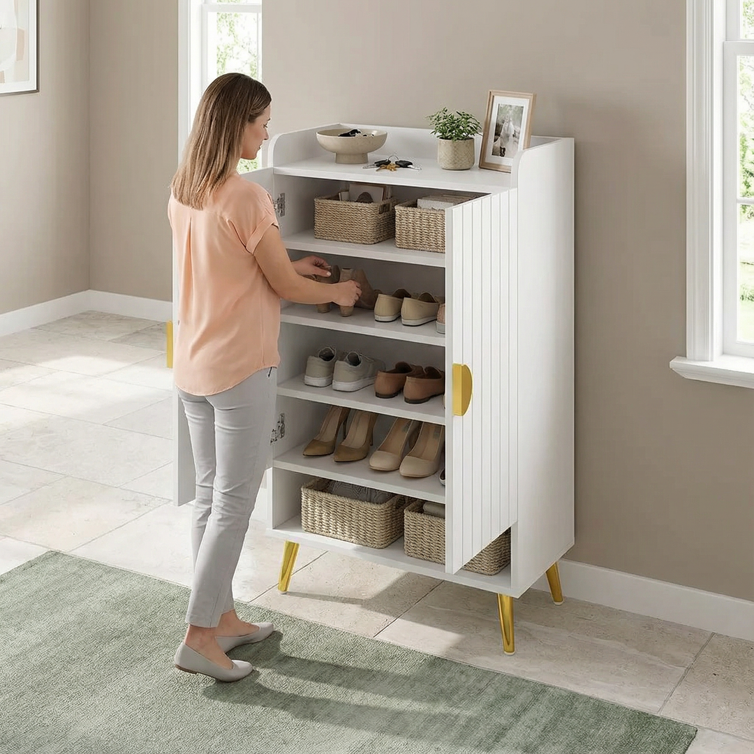 Nordic White Entryway Shoe Storage Cabinet with Doors & Open Shelves – 5-Tier Modern Organizer | Trufairs